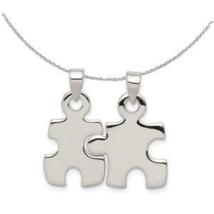 Silver, Set of 2, Polished Puzzle Piece Pendants Necklace - 16 In